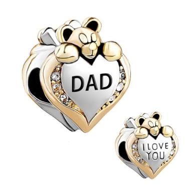 Imagem de MiiFort Berloque de dois tons "I Love You" fofo com contas de coração de urso compatível com pulseiras Pandora para mulheres, família, pai, filha