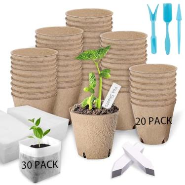 Imagem de VirgoCCY Pacote com 103 kits de sementes de plantas biodegradáveis – 20 potes de turfa, 30 sacos de berçário de plantas não tecidos, 50 etiquetas de plantas, 3 ferramentas de transplante para