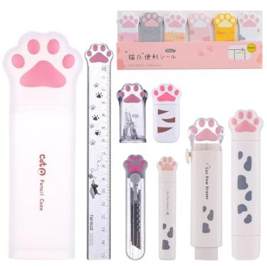 Imagem de Conjunto de 9 peças de papelaria fofo de pata de gato, material escolar, incluindo apontador de lápis, fita de correção de borracha retrátil, régua, mini tesoura, faca utilitária para estudantes