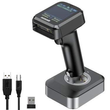 Imagem de Symcode Scanner de código de barras sem fio Pro 1D 2D QR com tela de exibição, indicador de nível de bateria, visor de tempo, funciona com Bluetooth com base de carregamento para biblioteca de