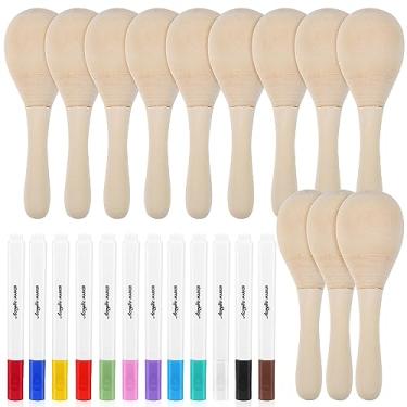 Imagem de 12 peças de maracas de madeira inacabadas com canetas de tinta, mini maracas de madeira DIY em branco, coqueteleira de chocalho orff instrumento musical de percussão manual para decoração