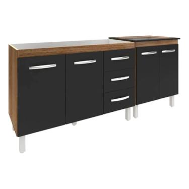 Imagem de Kit Cozinha Com Balcao Para Pia Armário 120cm Bruna Balcão Cooktop Jade 5 Bocas Cor Savana Preto