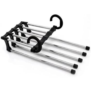 Imagem de Cabide Organizador de Calças 5 em 1 Retrátil – Multifuncional, Dobrável, em Aço Inox, Antideslizante, Ideal para Guarda-Roupas Compactos - NEXUS MARKET