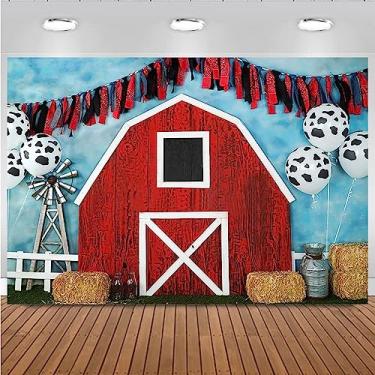 Imagem de Fundo de fotografia de celeiro vermelho infantil decoração de festa de aniversário fazenda, palheiro, tema caubói ocidental, foto de fundo com balões de fundo para chá de bebê recém-nascido, faixa