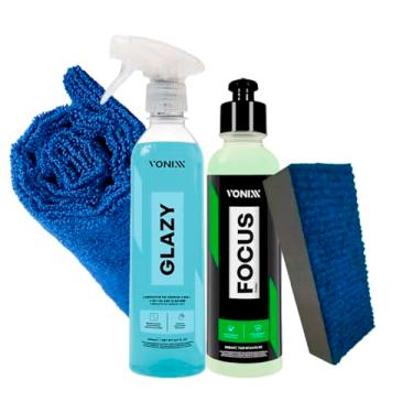 Imagem de Kit Limpa Descontamina Vidros Boxes De Banheiro Espelhos Focus 240ml + Glazy 500ml + Taco Carpete Vonixx + Toalha Ultra Macia 40x40 JS