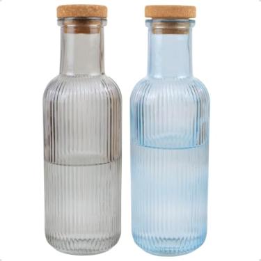 Imagem de Kit 2 Garrafas de Vidro Canelado para Água Suco 1 Litro Colorida Grace com Tampa Rolha (Preta e Azul)