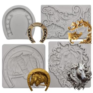 Imagem de Conjunto de moldes decorativos de silicone para cavalos, 4 peças, design de cabeça de cavalo barroco e ferradura, 8,5 x 7,8 cm