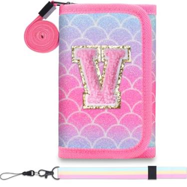 Imagem de Luchike Carteira infantil para meninas de 6 a 8 a 10 anos, linda para meninas adolescentes com iniciais, bolso para moedas, com adesivo mágico, adolescentes para presentes V, Sereia, V