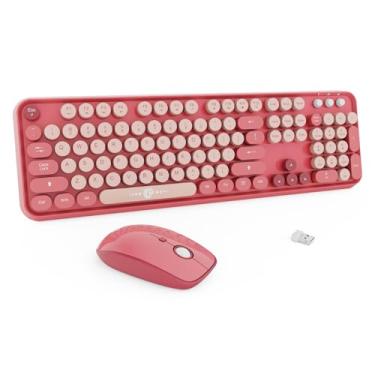 Imagem de FD Combo de teclado e mouse sem fio | teclado e mouse coloridos fofos com teclado de máquina de escrever retrô sem fio de 2,4 GHz | hibernação automática | receptor USB para PC/laptop Windows - rosa