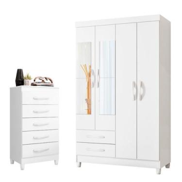 Imagem de Quarto Solteiro Completo Guarda Roupa Âmbar 4 portas com Espelho Cômod