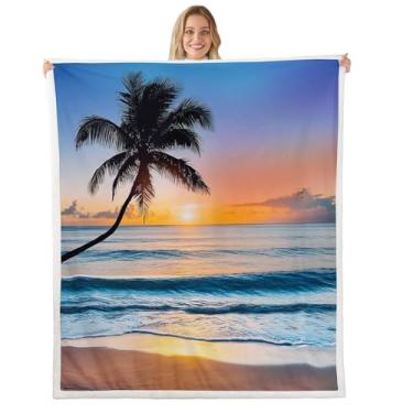Imagem de Feelyou Cobertor De Lã Com Ondas Do Oceano Para Cama, Sofá, Verão, Mar, Praia, Sherpa, Havaiano, Tropical, Palmeira, Estampado, Macio, Feminino, Masculino, Pelúcia Felpuda, Ar-Condicionado, Twin 60"