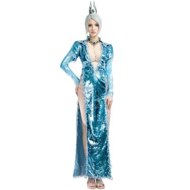 Imagem de Cosplay.fm Women’s Game Elf Cleric Cosplay Shadow Blue Long Dress with Shoulder Armor Neckpiece (Blue, M)