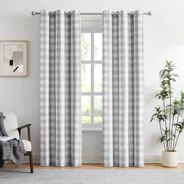 Imagem de Amzdecor Cortinas blecaute xadrez cinza branco búfalo 228 cm de comprimento para quarto, sala de estar, fazenda, cortinas estampadas, isolamento térmico, isolamento acústico, ilhós, tratamento de