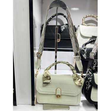 Imagem de Bolsa de Ombro Feminina Elegante, Alça Estampada Chevron, Design Matelassê, Fecho Dourado, Branco Marfim