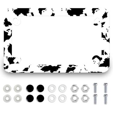 Imagem de Moldura de placa de licença de motocicleta com estampa de vacas de aço inoxidável retrô preto e branco suporte de etiqueta de vaca 4 furos à prova d'água acessório de motocicleta animal com parafusos