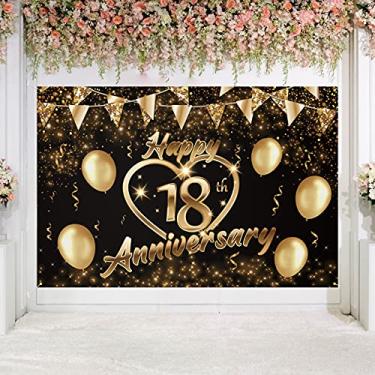 Imagem de 5665 Faixa de fundo de feliz aniversário de 18 anos, decoração preta dourada com glitter, coração, feliz 18 anos, tema de festa de aniversário de casamento, decorações para mulheres e homens