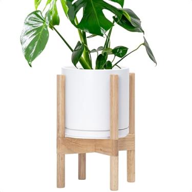 Imagem de D'vine Dev Vaso de cerâmica com suporte natural - Vaso de flores redondo moderno de 20 cm com suporte de plantador de madeira, branco, 55-B-N-1