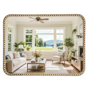 Imagem de Espelho dourado antigo de 76 cm x 91 cm com moldura de contas, espelhos com moldura dourada para banheiro, espelho decorativo retangular de latão para vaidade ornamentado quarto sala de estar corredor