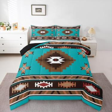 Imagem de Erosebridal Conjunto de edredom sudoeste, tamanho casal, rústico, tribal, asteca, exótico, boêmio, geométrico, vintage, étnico, estilo mexicano, decoração de quarto ocidental, verde e marrom