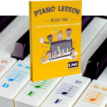 Imagem de QMG Adesivos coloridos de piano e teclado e notas coloridas completas de lição de música de piano e guia para crianças e iniciantes; projetado e impresso nos EUA