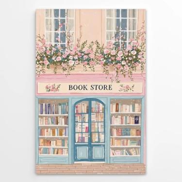 Imagem de Arte de parede vintage de livraria charmosa rosa pastel floral pôster caprichoso coquete estética amante de livros impressão literária para quarto feminino dormitório sala de estar decoração 30 x 45