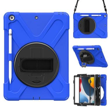 Imagem de Capa para iPad 9ª/8ª/7ª geração (2021/2020/2019) 10,2 polegadas, capa protetora portátil à prova de quedas com suporte giratório 360, alça e alça de ombro, caneta Stylus (azul nova)