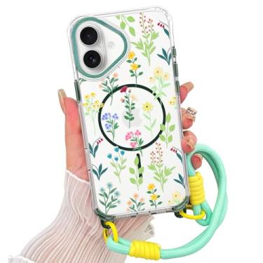 Imagem de AIGOMARA Capa magnética para iPhone 16 Plus [compatível com MagSafe] Capa de telefone com estampa floral transparente com cordão de pulso, capa fina à prova de choque para meninas e mulheres, verde