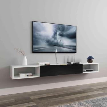 Imagem de Armário De Tv Montado Na Parede Console De Mídia Com Prateleira De Armazenamento Console De Mídia Flutuante Com Porta De Aba Prateleira De Tv Flutuante Mesa De, Black White, 100x20x18.2cm