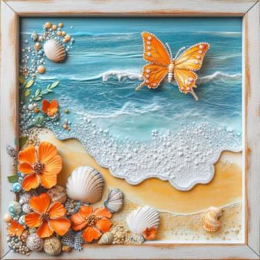 Imagem de Diymood Kits de arte de diamante 5D DIY para adultos praia, pintura de diamante para paisagem, broca completa, tela redonda, bordado, mosaico para iniciantes, decoração de parede, presente 30 x 30 cm