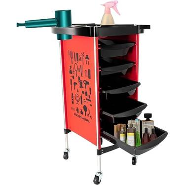 Imagem de 52 X 36 X 90 Cm, Carrinho De Cabeleireiro, Carrinho De Salão De Beleza Com 5 Gavetas Extraíveis, Suporte Para Dispositivo Dobrável, Carrinho De Cabeleireiro Spa Para Estilista, Cabe, Red