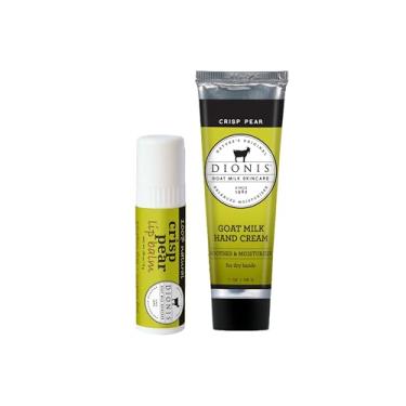 Imagem de Dionis Conjunto de creme para as mãos e protetor labial com aroma de pera crocante de leite de cabra (28,3 g e 0,793 g) - Seguro para pele sensível, suaviza lábios rachados e pele seca, sem crueldade