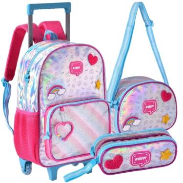 Imagem de Kit Mochila Rodinha Alça Happy Estojo Lancheira Holográfica