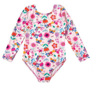 Imagem de Maiô Manga Longa Infantil Proteção UV 50+ Flores Rosa Claro Tip Top