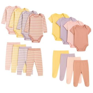 Imagem de Kit 4 Peças Body Bebê Manga Longa e Mijão Listrado Body Manga Curta Li