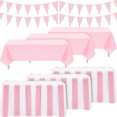 Imagem de Remagr 8 peças de decorações de festa com tema de carnaval rosa descartáveis, saias de mesa de carnaval, toalhas de mesa com tema de circo rosa branco listrado, bandeiras, decoração de festa de circo