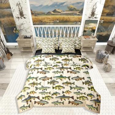 Imagem de Erosebridal Conjunto de edredom infantil de 7 peças, tamanho casal, para pesca e caça, para homens, adultos, meninos, conjunto de edredom rústico com lençóis, cabana de fazenda, pique, peixe, cama em