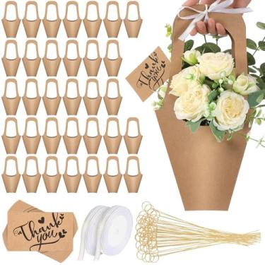 Imagem de Gilprop 100 pacotes de sacos de presente de flores de papel kraft com suporte de cartão floral, fitas e cartão de agradecimento, suporte de buquê de flores de 35 cm para casamento, decoração de dia