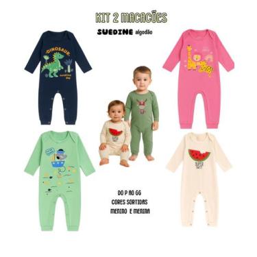 Imagem de Kit 2 Macacão Bebê Longo Punhos Botão de pressão Menino Menina Algodão