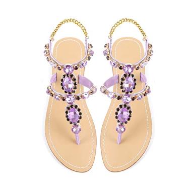 Imagem de Sandália feminina gladiadora de strass ZhuLinFeng Pingtan Sandália de casamento pérola brilhante madrinha sandália azul boêmia, Roxa, 8