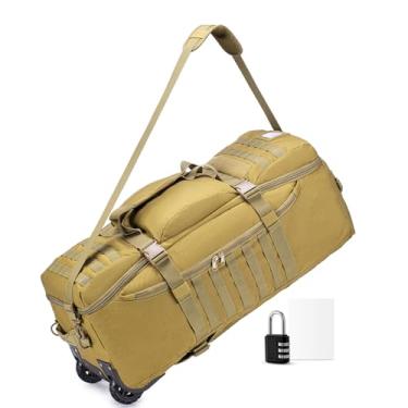 Imagem de SUCIKORIO Mochila de viagem tática com rodas e alça 3 em 1, grande, 85 L, GG, mochila de viagem, impermeável, Oxford, bolsa de mão com cadeado combinado, Caqui