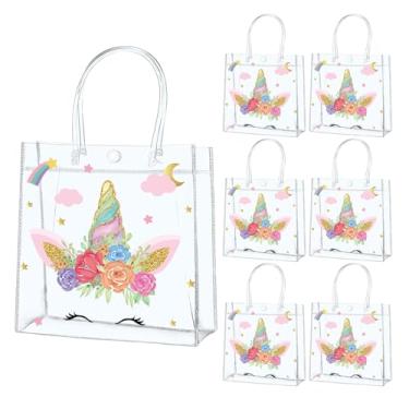 Imagem de QOUBAI 24 unidades de sacolas de presente de unicórnio de PVC transparente com alças de unicórnio arco-íris e guloseimas para presente para lembrancinhas de festa de aniversário, suprimentos de