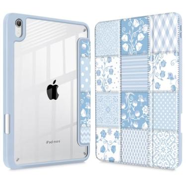 Imagem de Tuiklol Capa transparente para iPad mini 7 (A17 Pro 7ª geração) 2024 / iPad mini 6 (6ª geração) 2021 de 8,3 polegadas, suporte de lápis embutido, capa traseira transparente, despertar/hibernar, flora