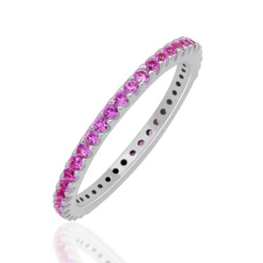 Imagem de GOURIK Anel feminino de safira rosa banhado a ouro branco empilhável criado em laboratório - Aliança fina para empilhamento - Safira rosa cultivada em laboratório leve aliança eternidade para