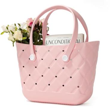 Imagem de BiuYorBTY Bolsa de praia de borracha, impermeável, lavável, à prova de água, bolsa de viagem para mulheres, bolsa de mão para esportes, praia, mercado, piscina, Blush rosa, Medium, Férias