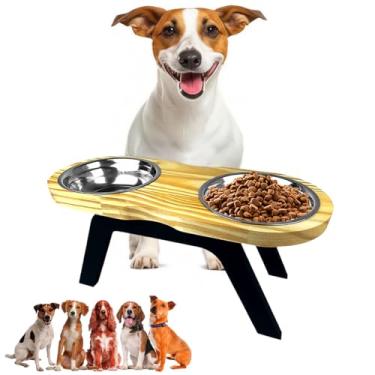 Imagem de Comedouro Bebedouro Arredondado Elevado Alto, Cachorro Porte Médio, Duplo em Madeira Natural com Tigelas em Inox, Elegante e Resistente, Ração Água