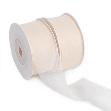 Imagem de Sifleur Fita creme, 2,5 cm x 20 metros de tecido de chiffon fino enrugado feito à mão fitas de seda de tule para embrulhar artesanato, casamento, aniversário, buquê de flores, cartão de convite para
