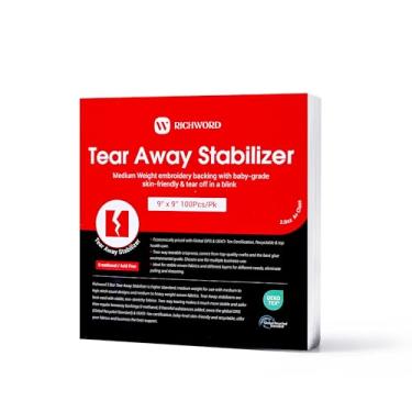 Imagem de Richword Selected Tear Away Embroidery Stabilizer Backing 23 x 23 cm 100 folhas, 59 g Estabilizador de bordado de peso médio para máquina de bordar de 10 x 15 x 15 cm