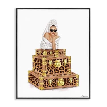 Imagem de Stupell Industries Roupão de banho feminino e malas preto emoldurado giclée arte design por Ziwei Li, 20 x 16