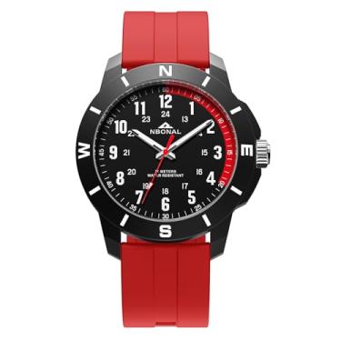 Imagem de NBONAL Relógio esportivo masculino tático, preto, 50 m, impermeável, 24 horas, mostrador luminoso, militar, relógio de pulso casual de quartzo (NB-232-2) pulseira vermelha, Pulseira vermelha, 44.0mm,