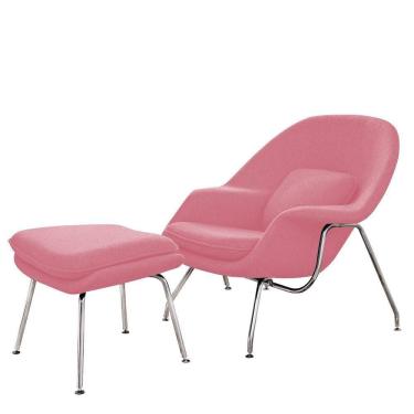 Imagem de Poltrona Womb Chair Com Puff Cromada Linho Rosa
